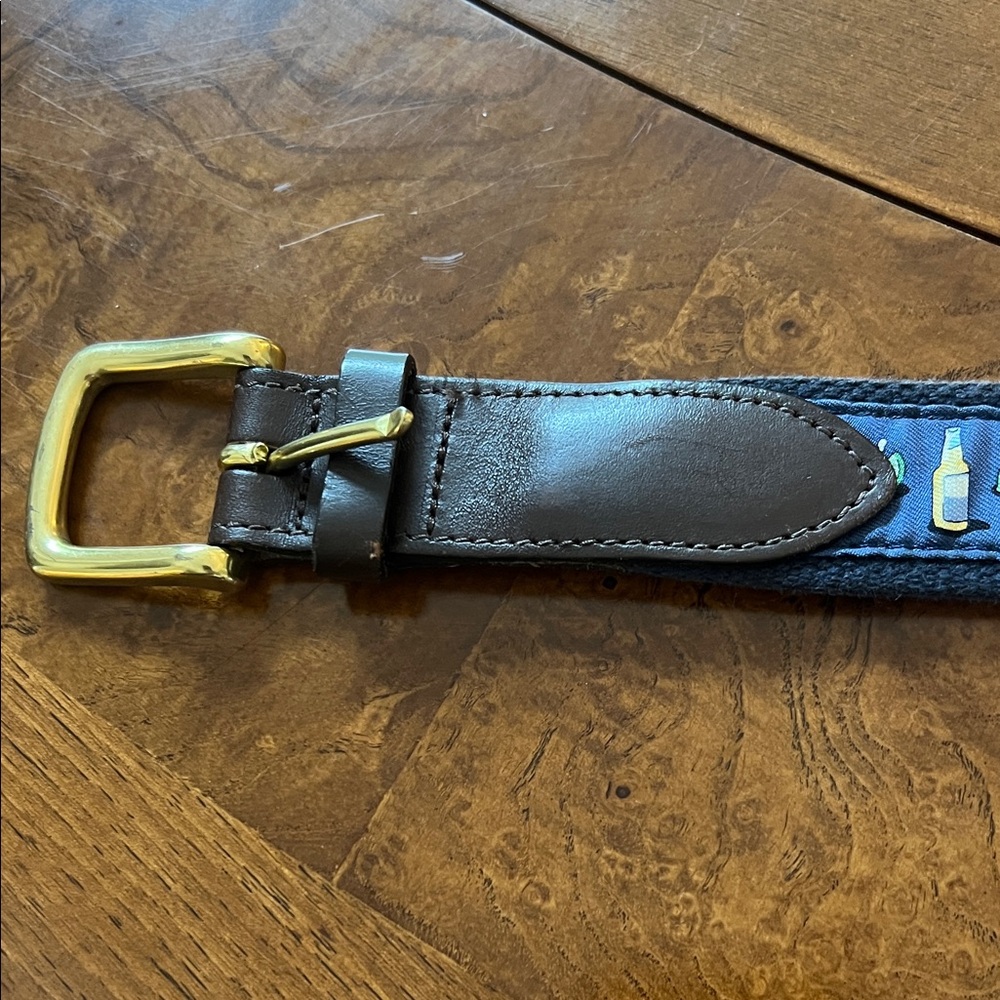 Vineyard Vines Brown Leather Belt with Navy Bottle-Embroidered Webbing